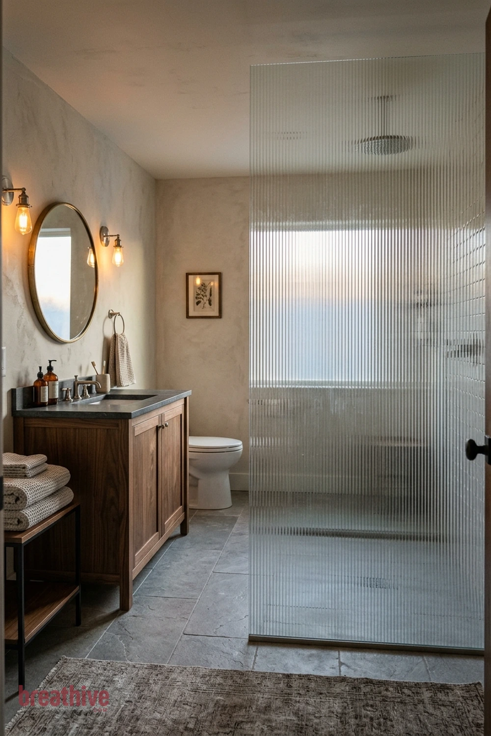 Use Ribbed Glass for Privacy and Light in a rustic bathroom