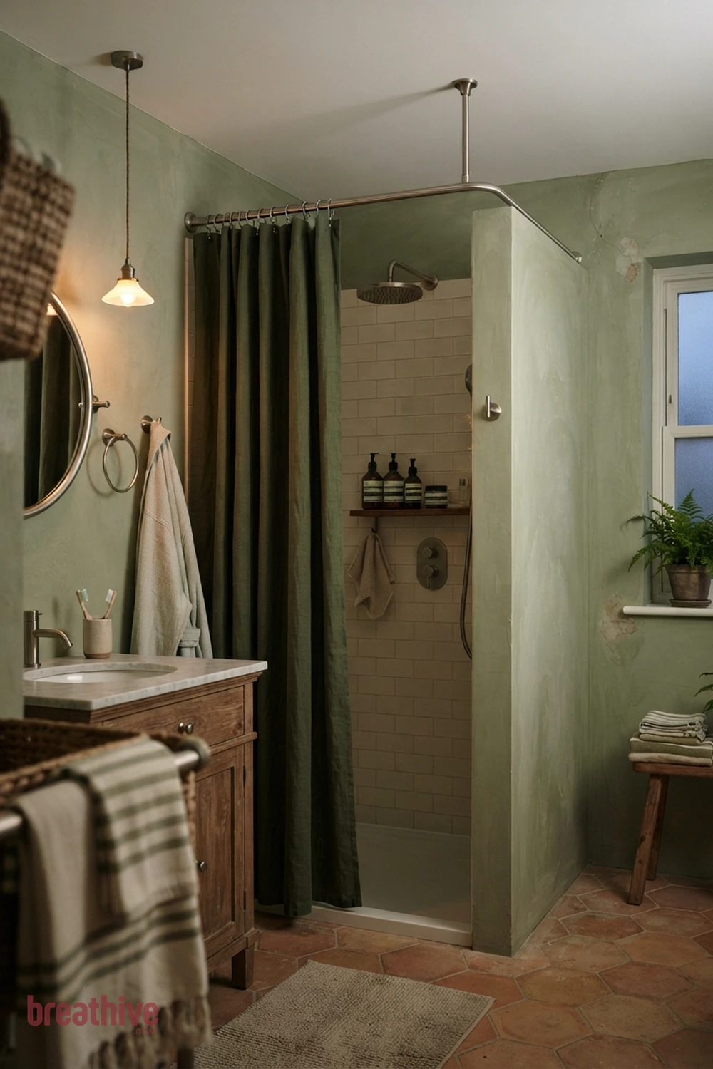 Use a Shower Curtain Track at Ceiling Height in a green bathroom