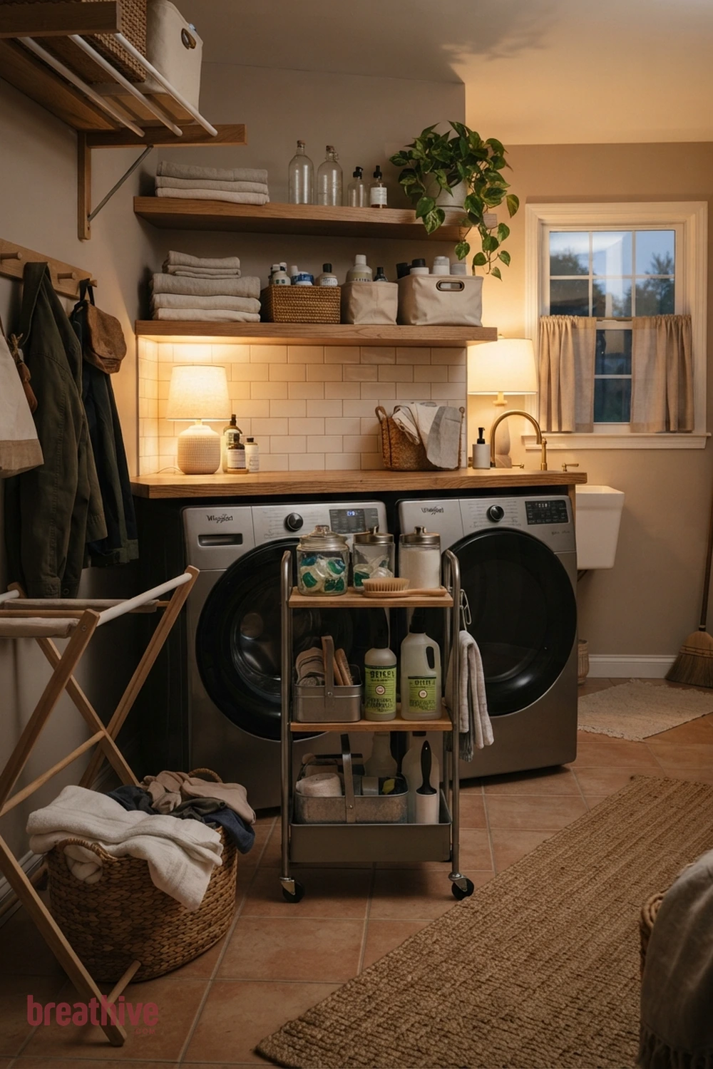Add a Narrow Rolling Cart Beside the Washer in a thoughtful laundry room