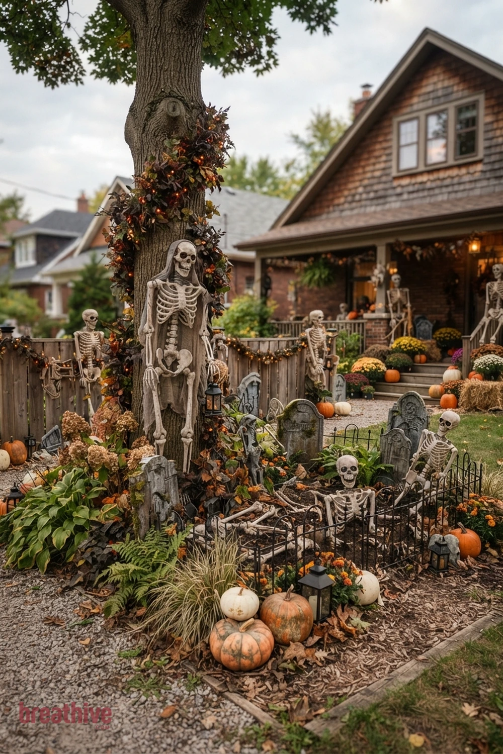 skeleton scene Halloween front yard idea with garden bed, tree, fence, or lawn edge with seasonal decor integrated into existing landscape
