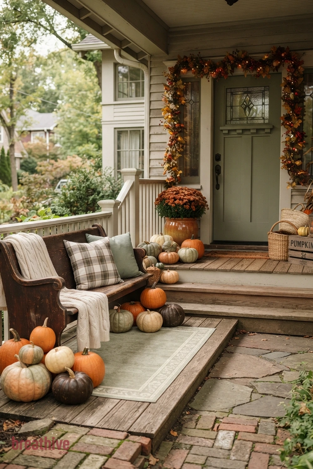 pumpkin layered Halloween front porch idea with usable bench or chair corner with seasonal layers that do not crowd sitting space