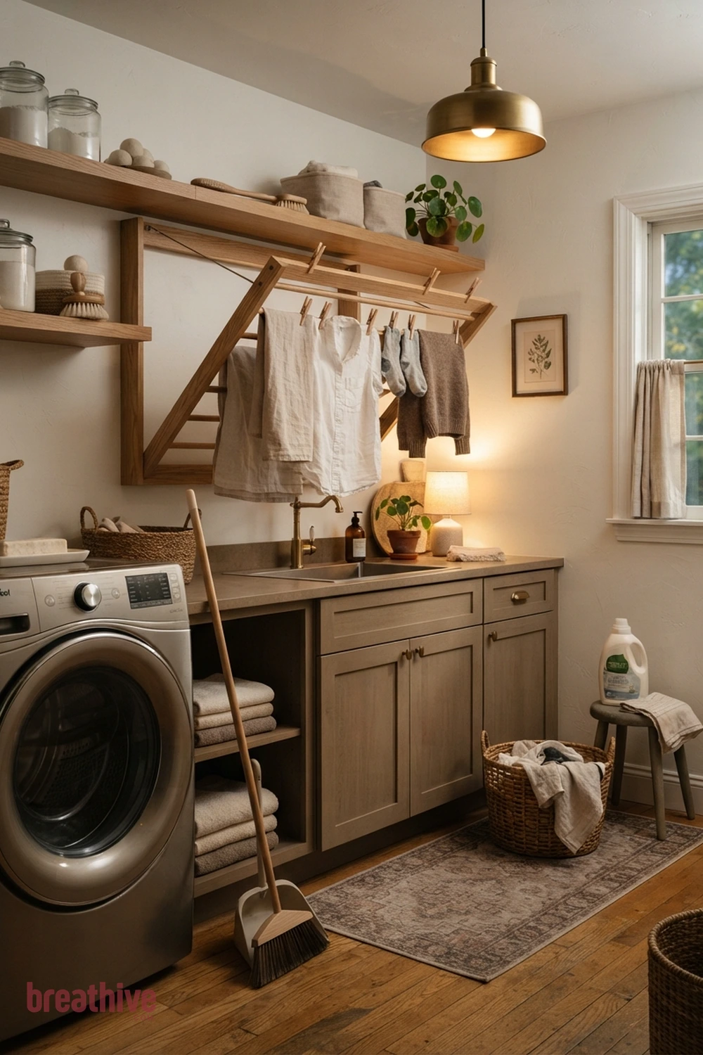 Use a Fold-Down Drying Rack in a thoughtful laundry room
