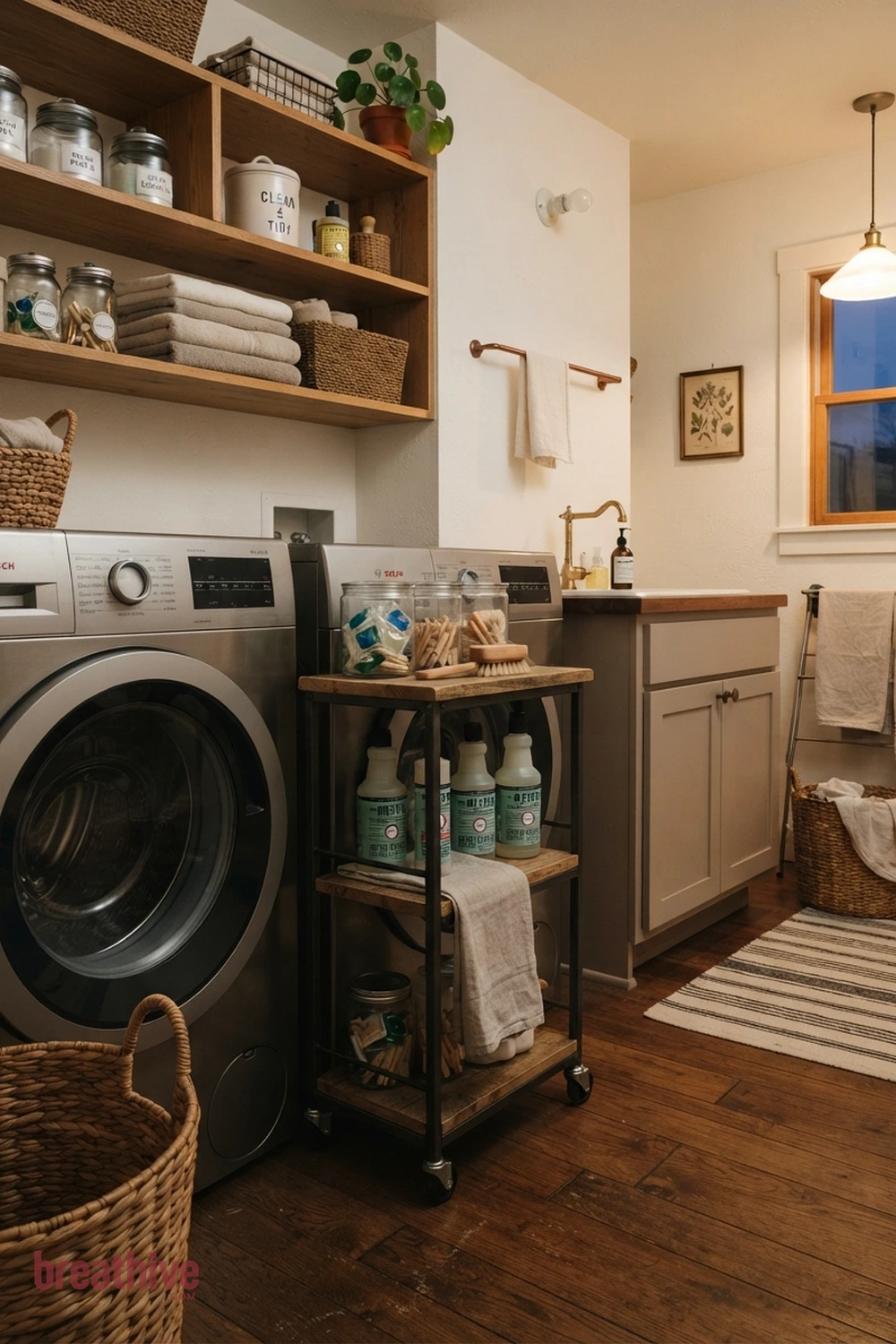Add a Narrow Rolling Cart Beside the Washer in a thoughtful laundry room