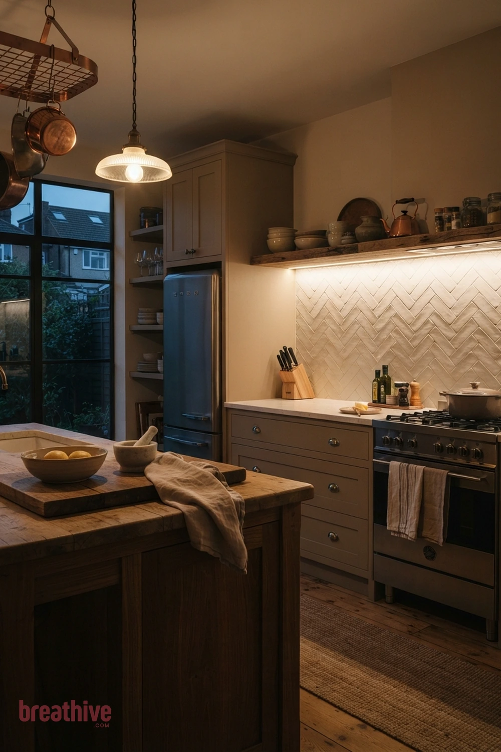 Warm White Herringbone in a thoughtful kitchen