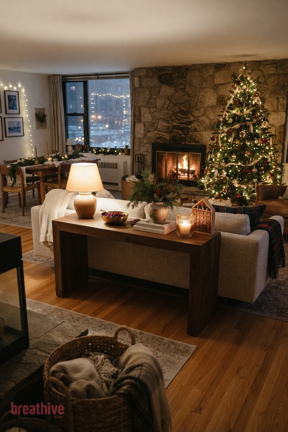 Use a Console Behind a Floating Sofa in a christmas apartment