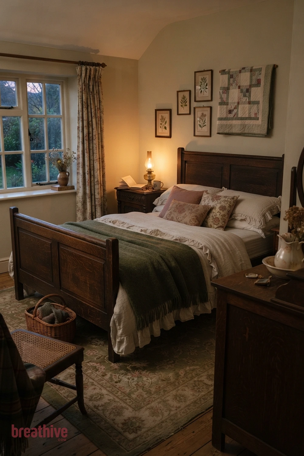 Balance Dark Furniture With Pale Textiles in a cottagecore bedroom