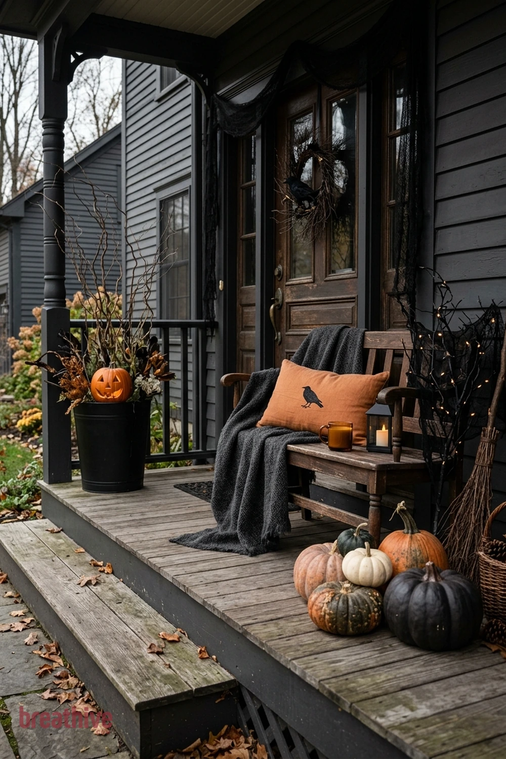 spooky polished Halloween front porch idea with usable bench or chair corner with seasonal layers that do not crowd sitting space