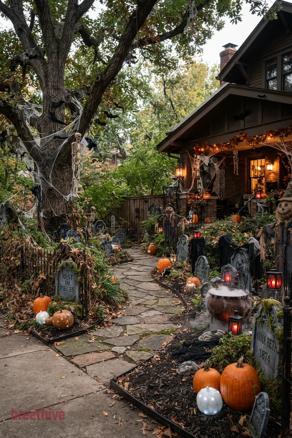 scary theatrical Halloween front yard idea with garden bed, tree, fence, or lawn edge with seasonal decor integrated into existing landscape