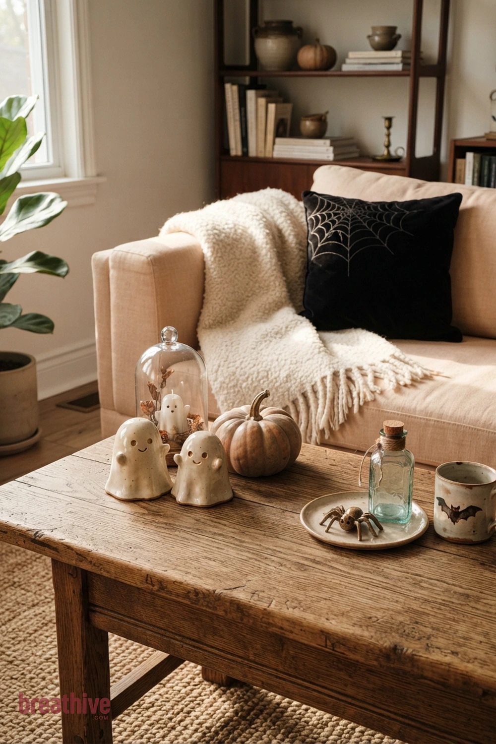 sweet spooky Halloween living room idea with close-up of fabric, ceramic, glass, wood, metal, and seasonal surface detail