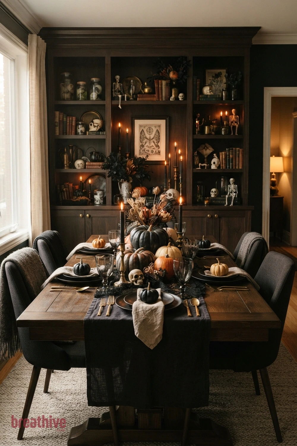spooky tablescape Halloween dining room idea with vertical storage or display area styled with seasonal pieces while remaining organized
