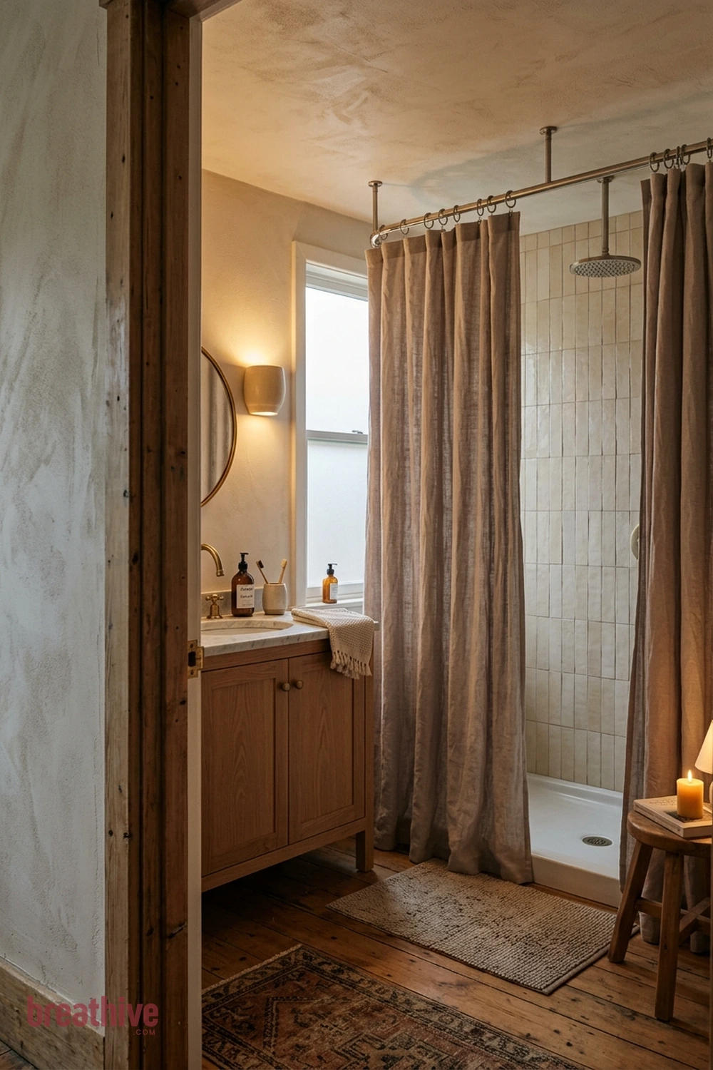 Use a Shower Curtain Track at Ceiling Height in a thoughtful bathroom