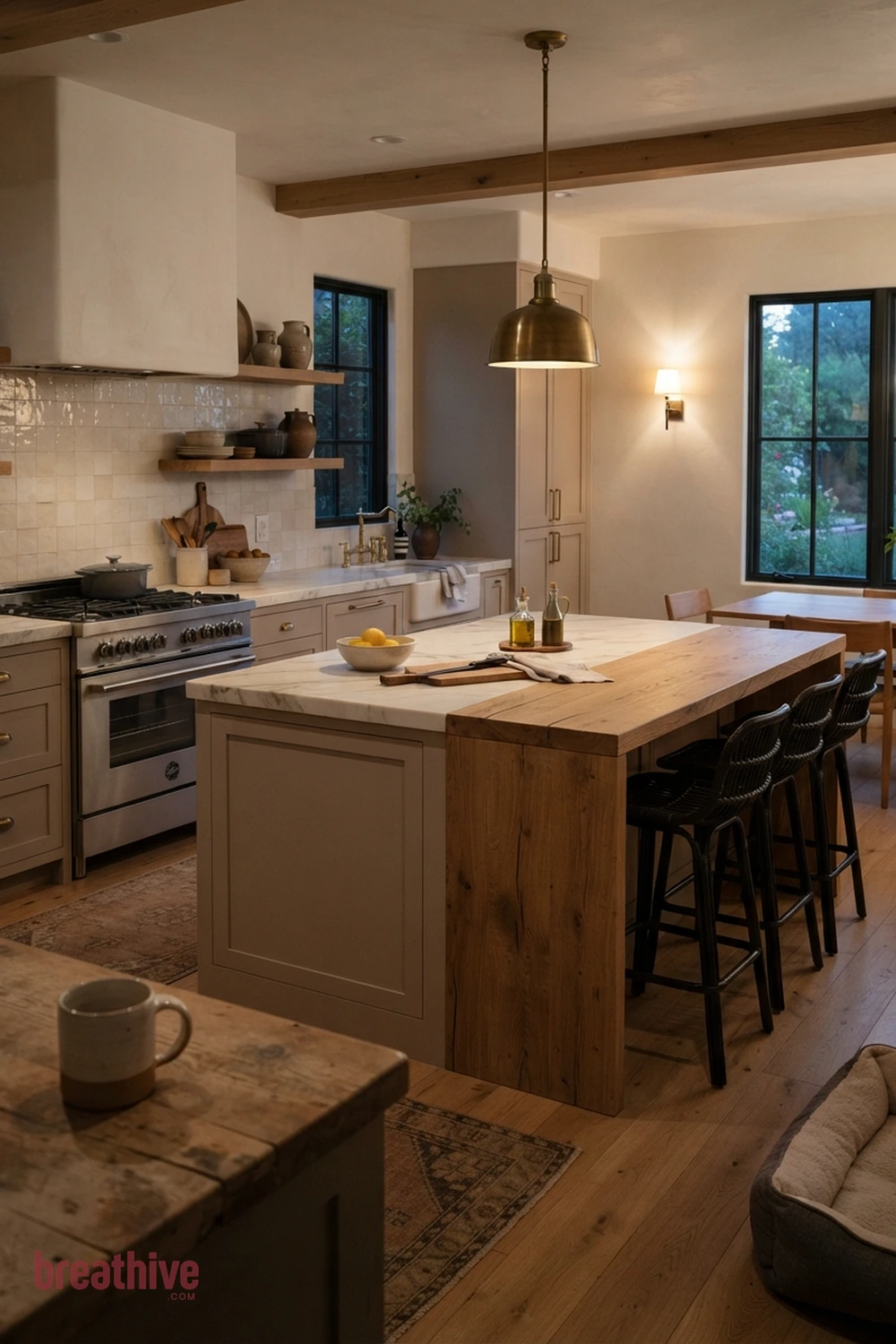 Stone Island With a Contrasting Wood Table in a thoughtful kitchen