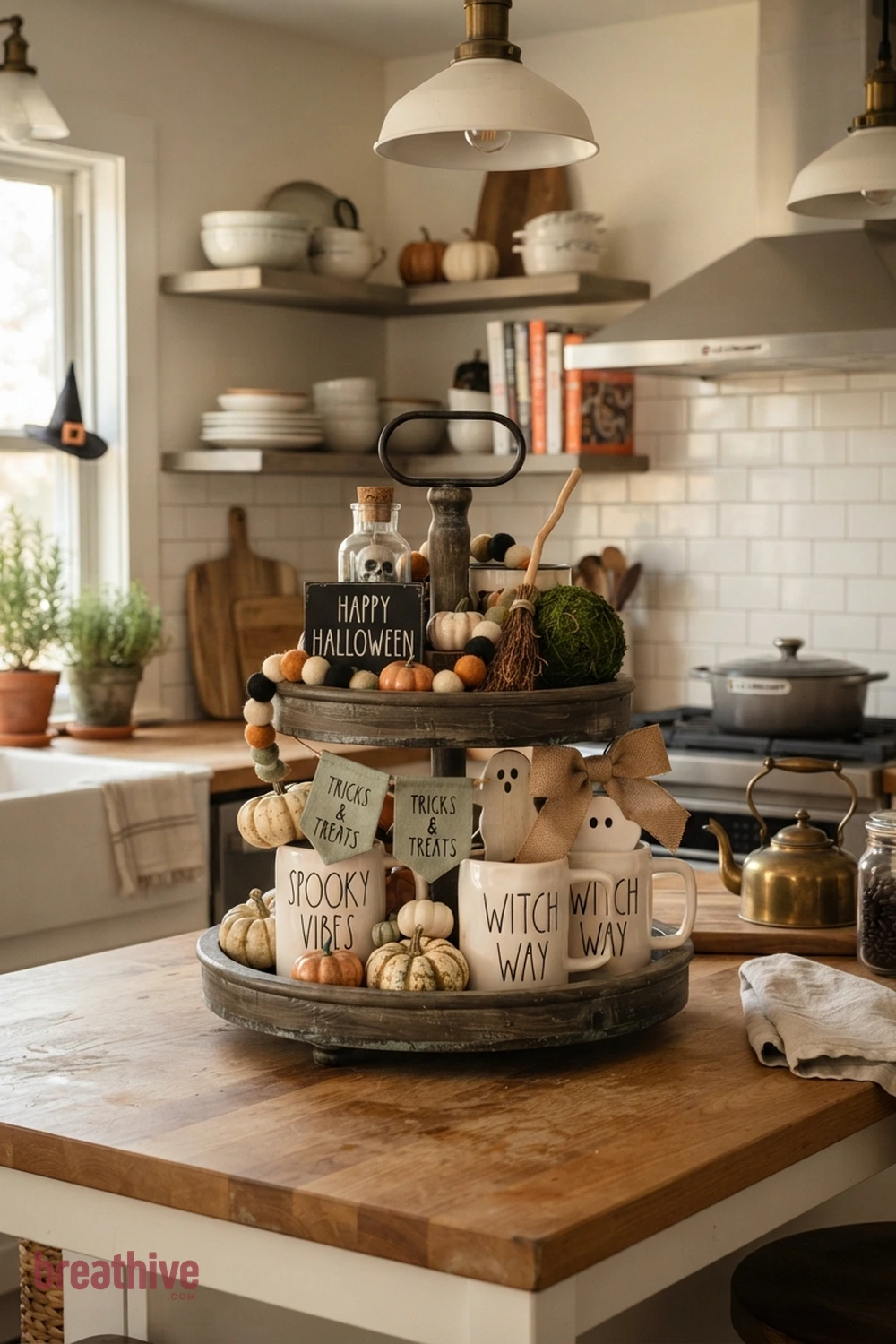 tiered tray Halloween kitchen counter idea with vertical storage or display area styled with seasonal pieces while remaining organized