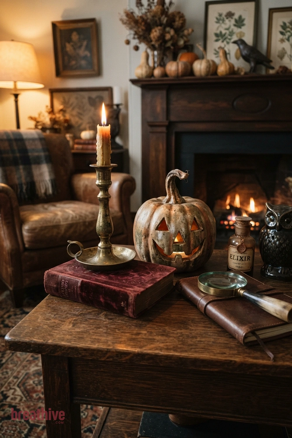 vintage Halloween living room idea with close-up of fabric, ceramic, glass, wood, metal, and seasonal surface detail