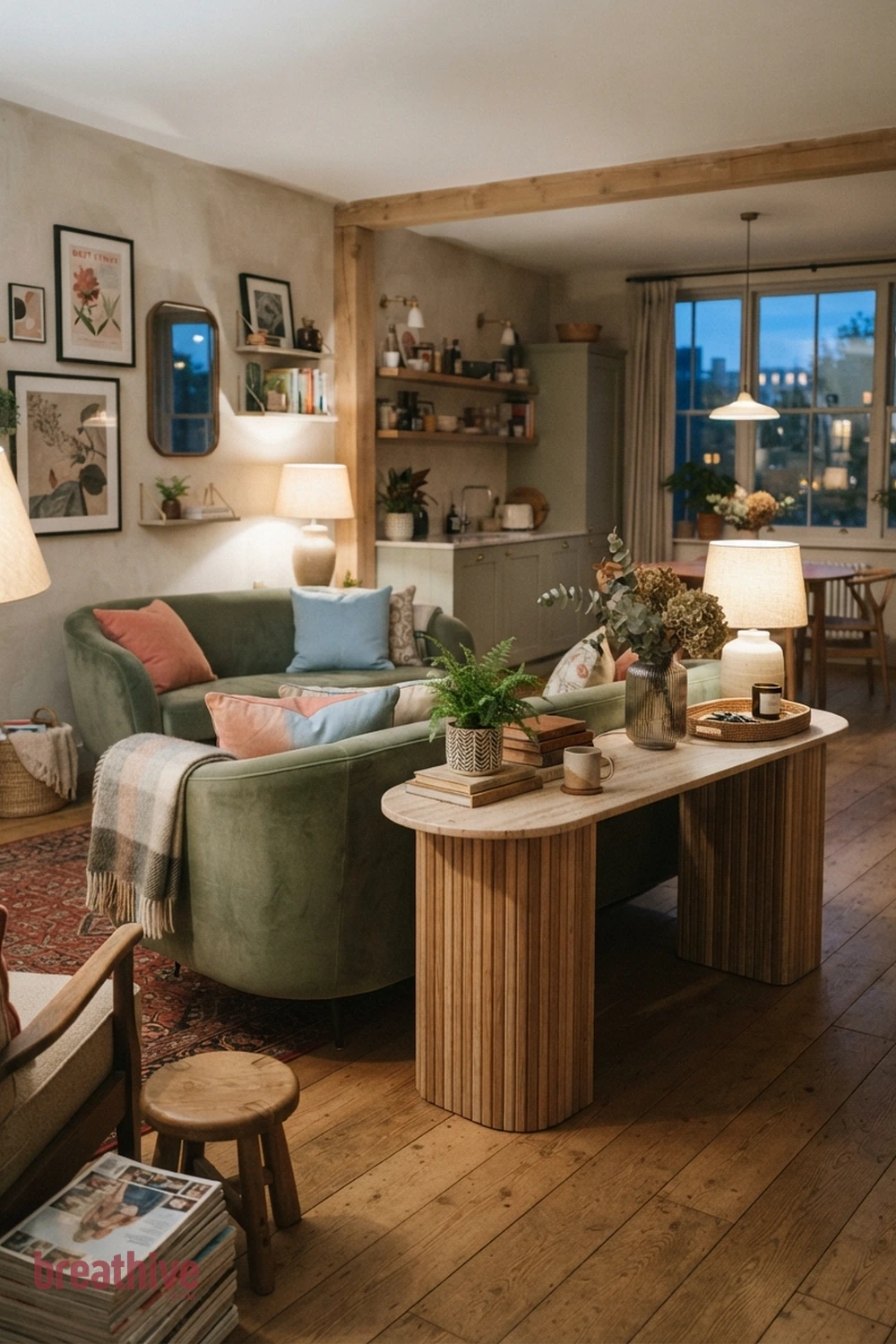 Use a Console Behind a Floating Sofa in a whimsical apartment