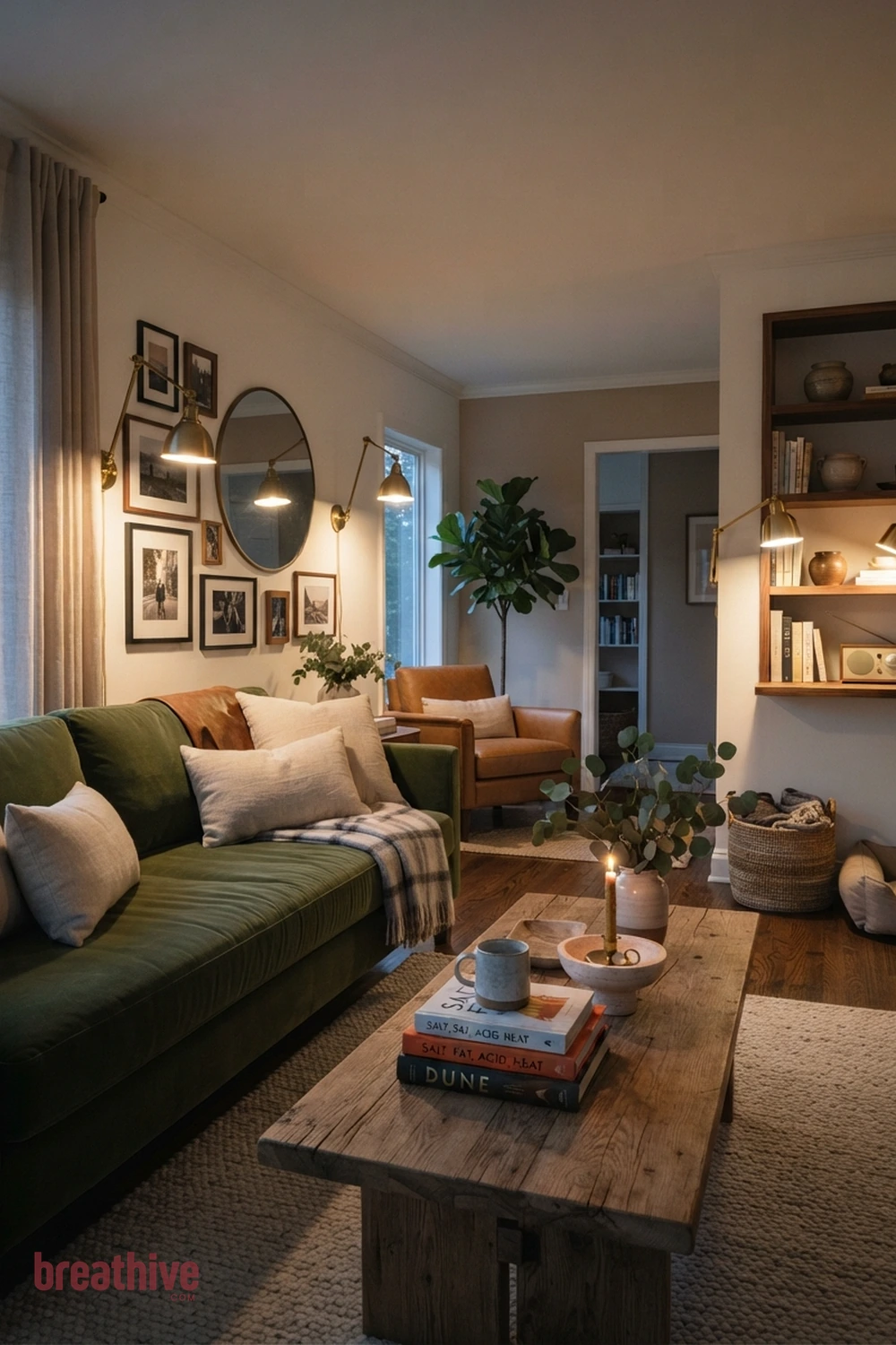 Forest Green, Linen, and Brass in a thoughtful living room