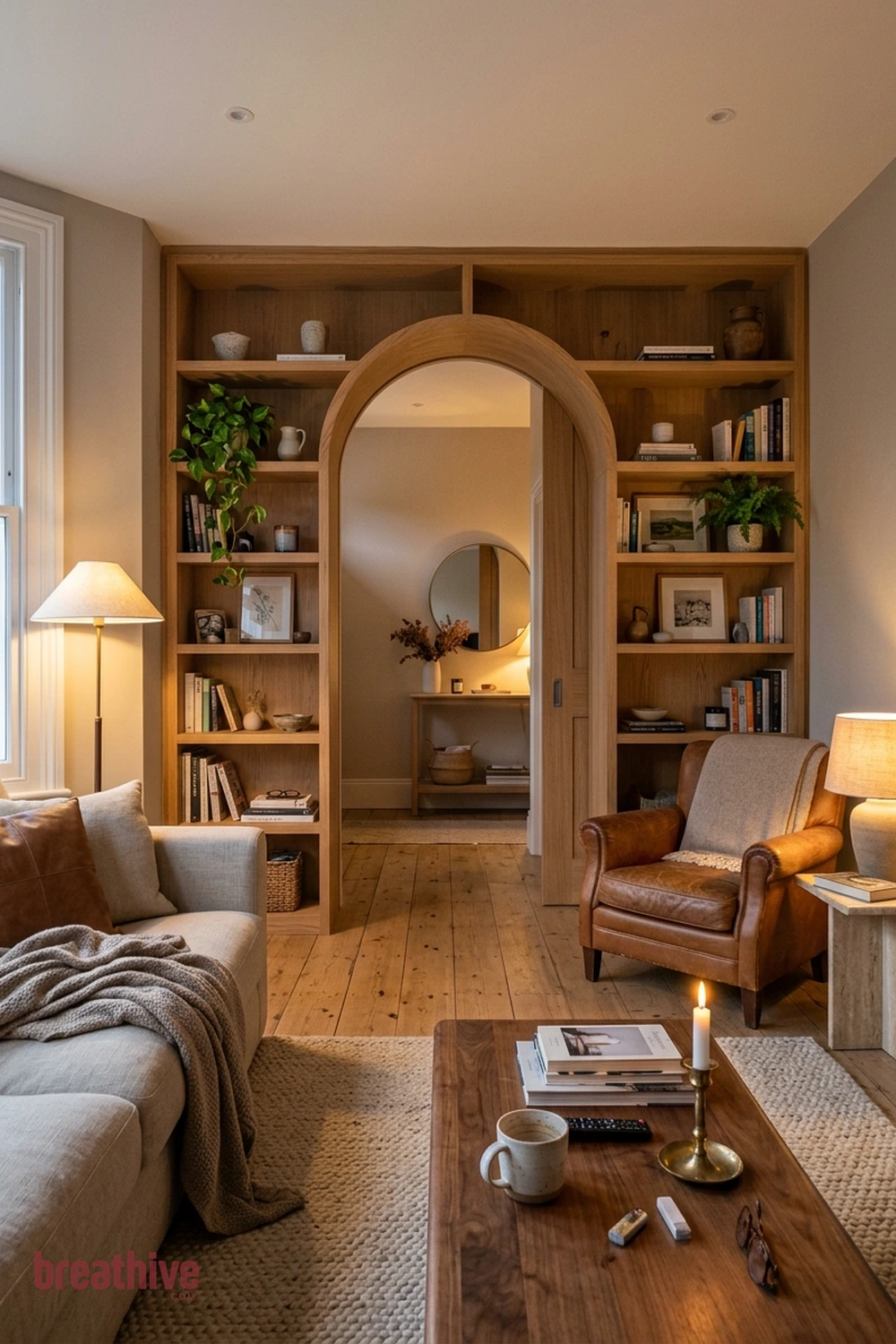Arched Opening With Side Storage in a thoughtful living room