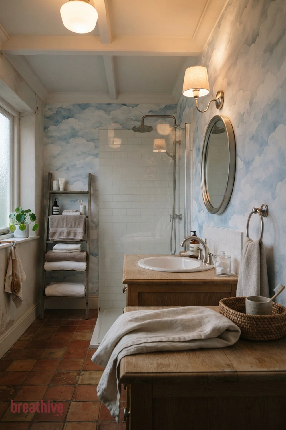 Watercolor Cloud Wallpaper in a thoughtful bathroom