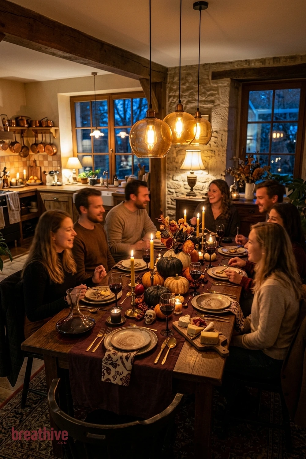 dinner party Halloween dining room idea with kitchen or dining setup after dusk using pendants, lamps, and safe candle-style glow