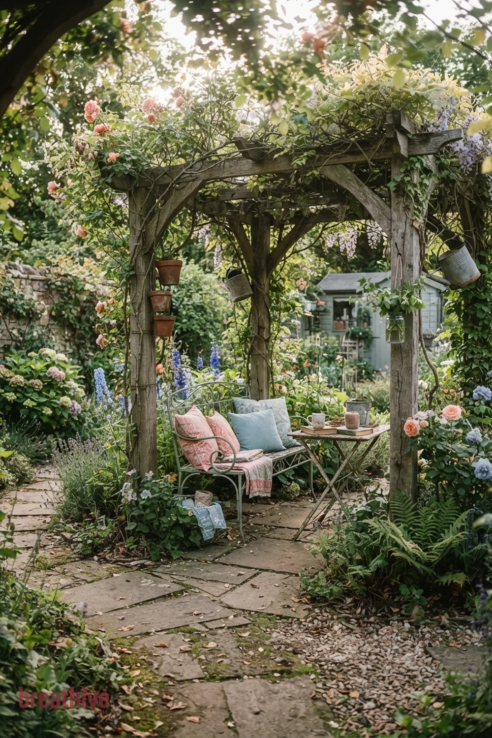 Add a Pergola With Filtered Light in a whimsical garden