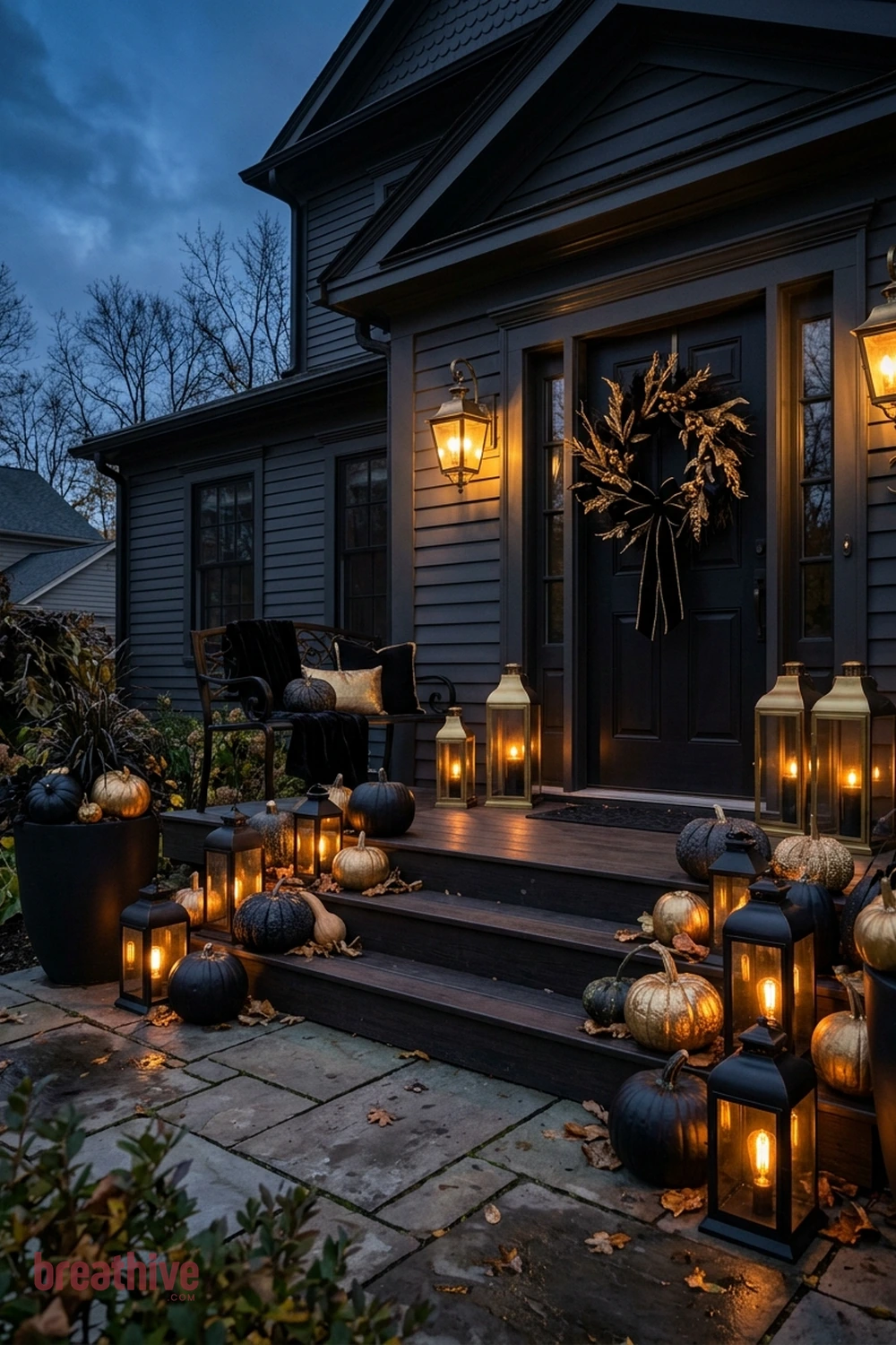 black and gold Halloween front porch idea with same entry transformed after dusk through layered practical lighting