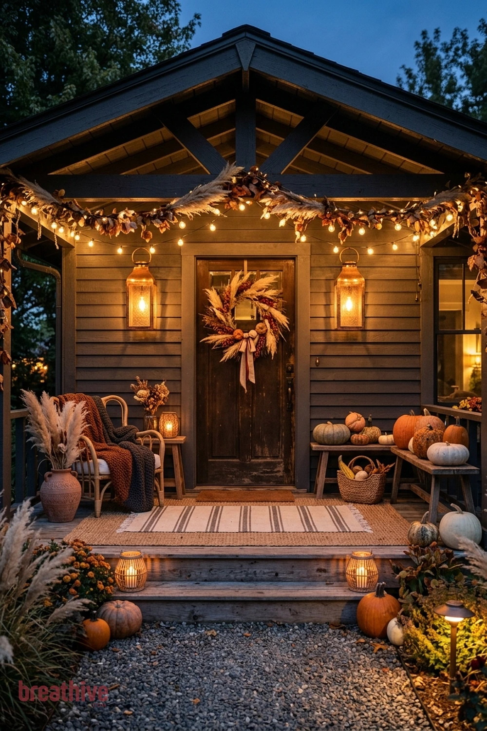 boho Halloween front porch idea with same entry transformed after dusk through layered practical lighting