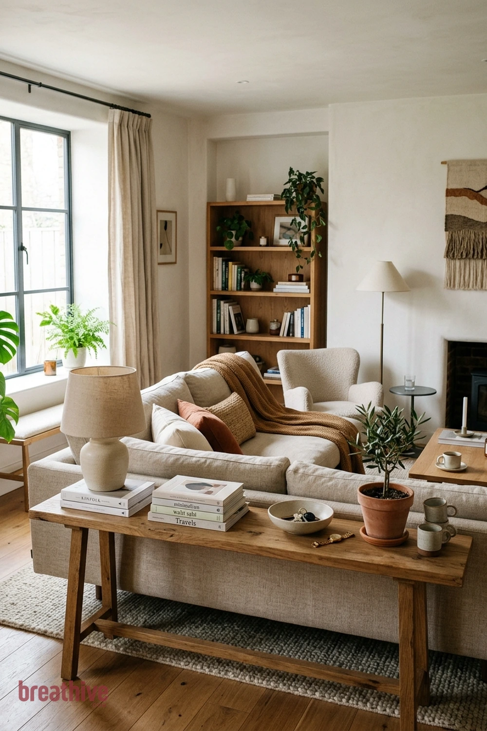 Use a Console Behind a Floating Sofa in a cozy living room