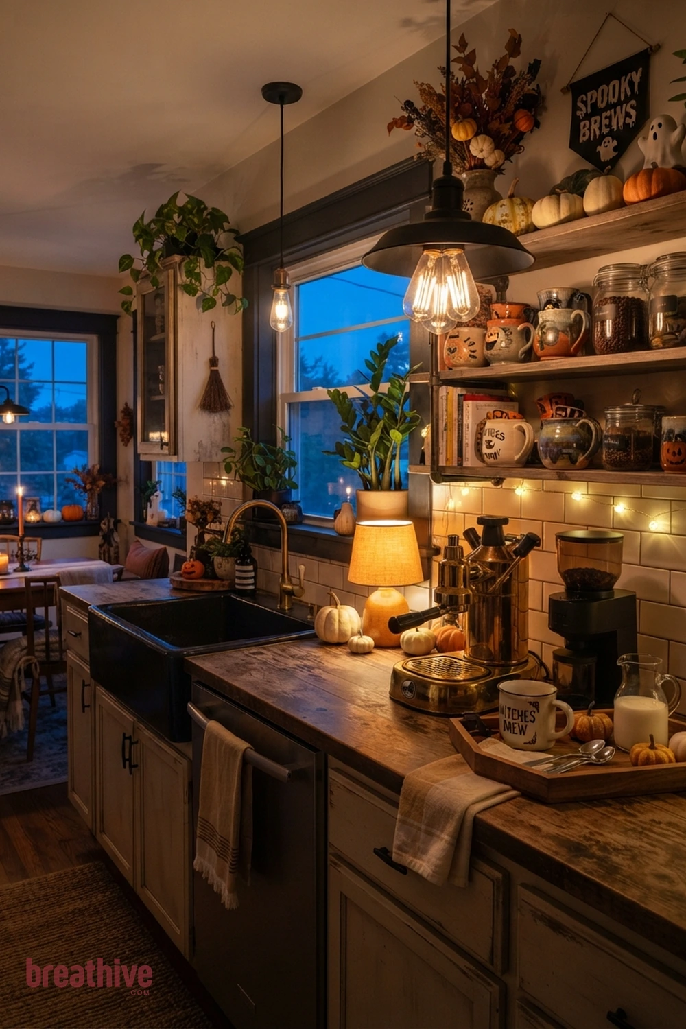 cozy coffee bar Halloween kitchen coffee station idea with kitchen or dining setup after dusk using pendants, lamps, and safe candle-style glow