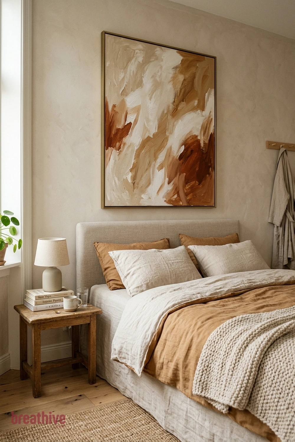 Use One Oversized Artwork Instead of Many Small Pieces in a cozy bedroom
