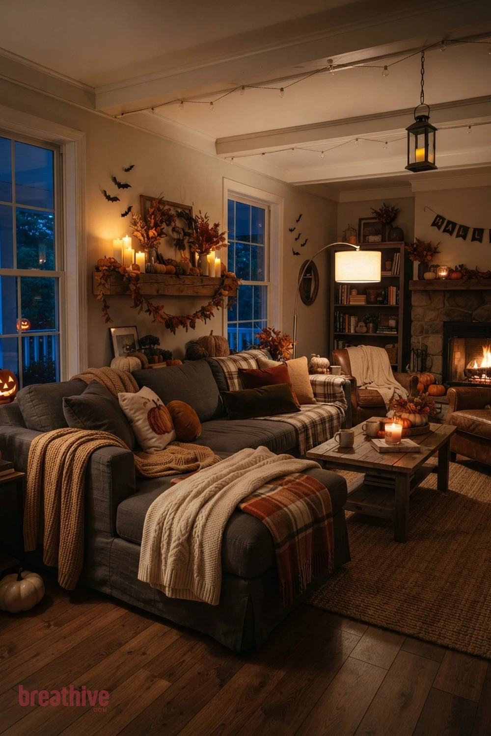 cozy Halloween living room idea with living room after dusk with practical lamps and safe candle-style lighting