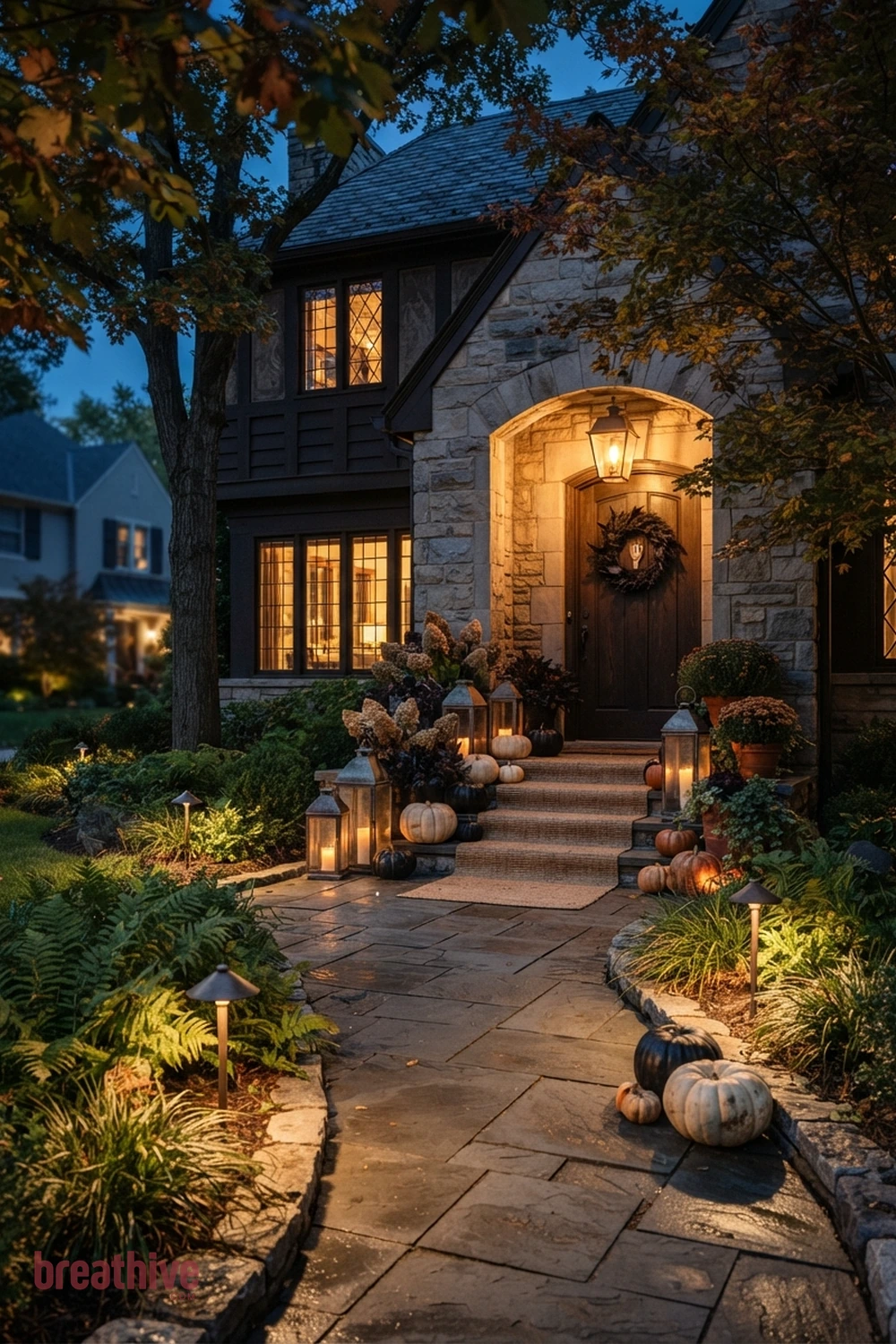 classy Halloween front yard and entry idea with outdoor setup after dusk using practical, path-safe lighting and visible depth