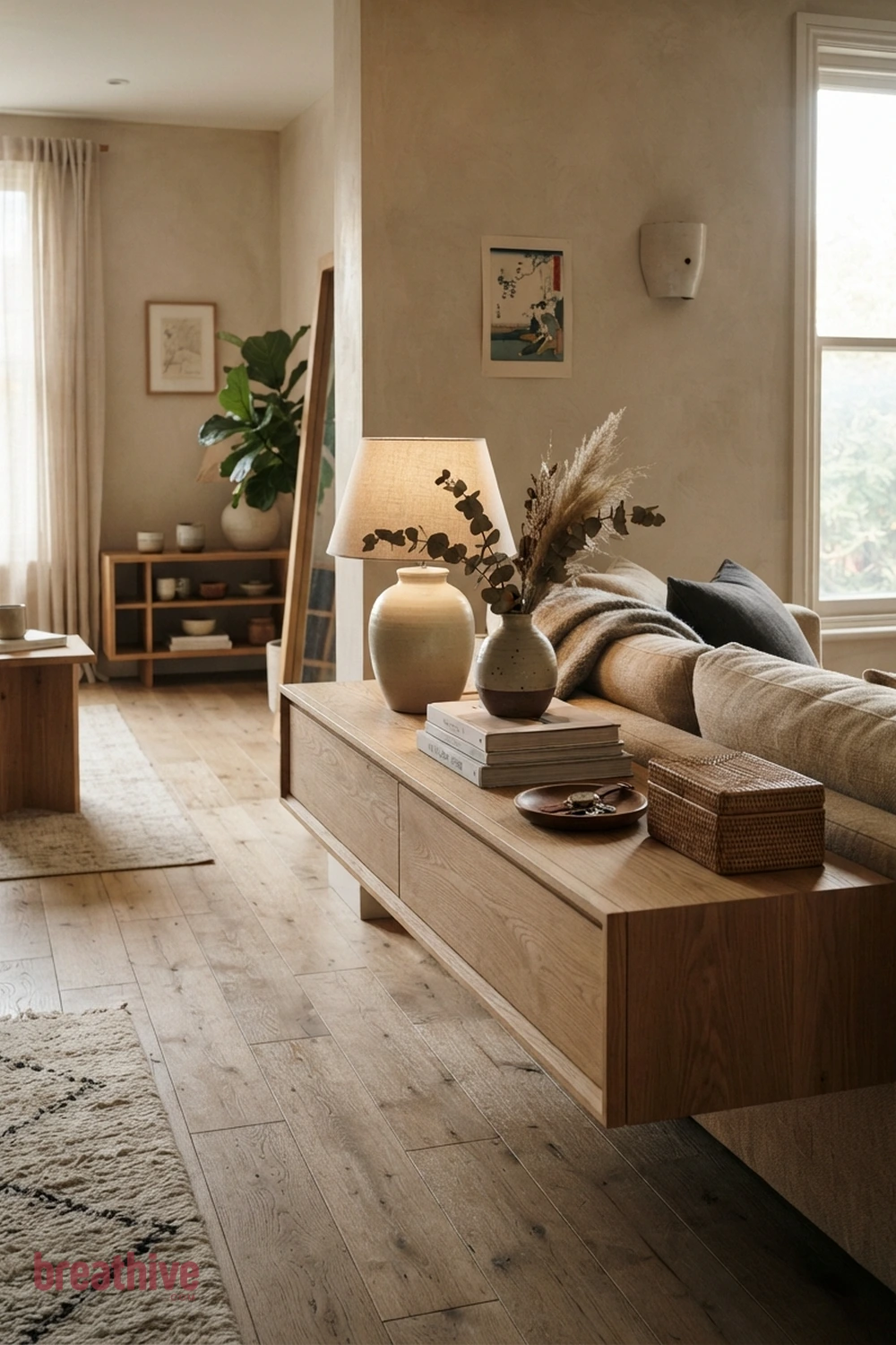 Use a Console Behind a Floating Sofa in a japandi living room