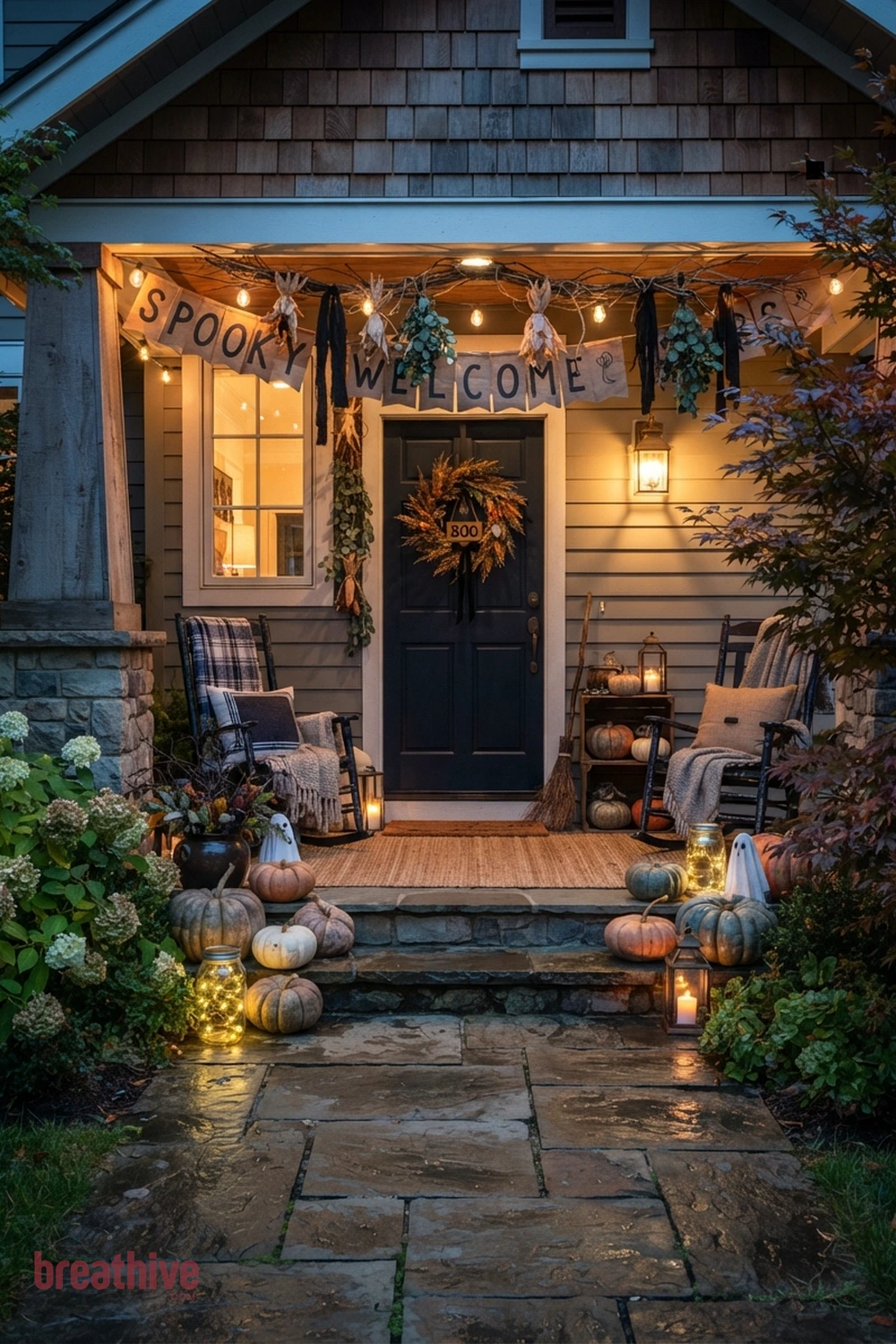 DIY polished Halloween front porch idea with same entry transformed after dusk through layered practical lighting