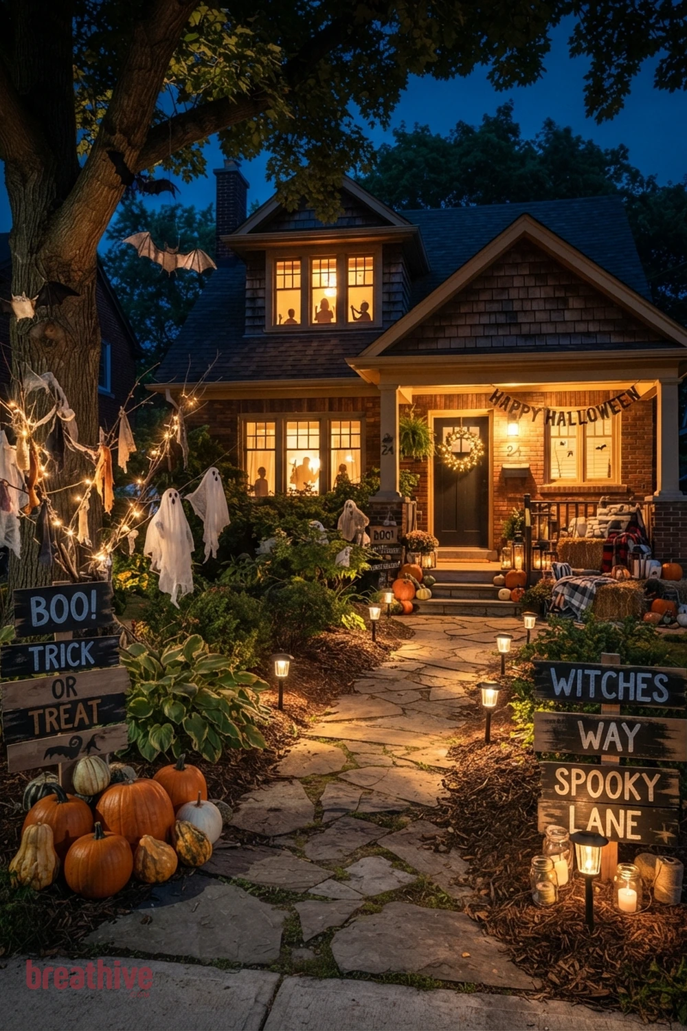 DIY outdoor Halloween front yard idea with outdoor setup after dusk using practical, path-safe lighting and visible depth
