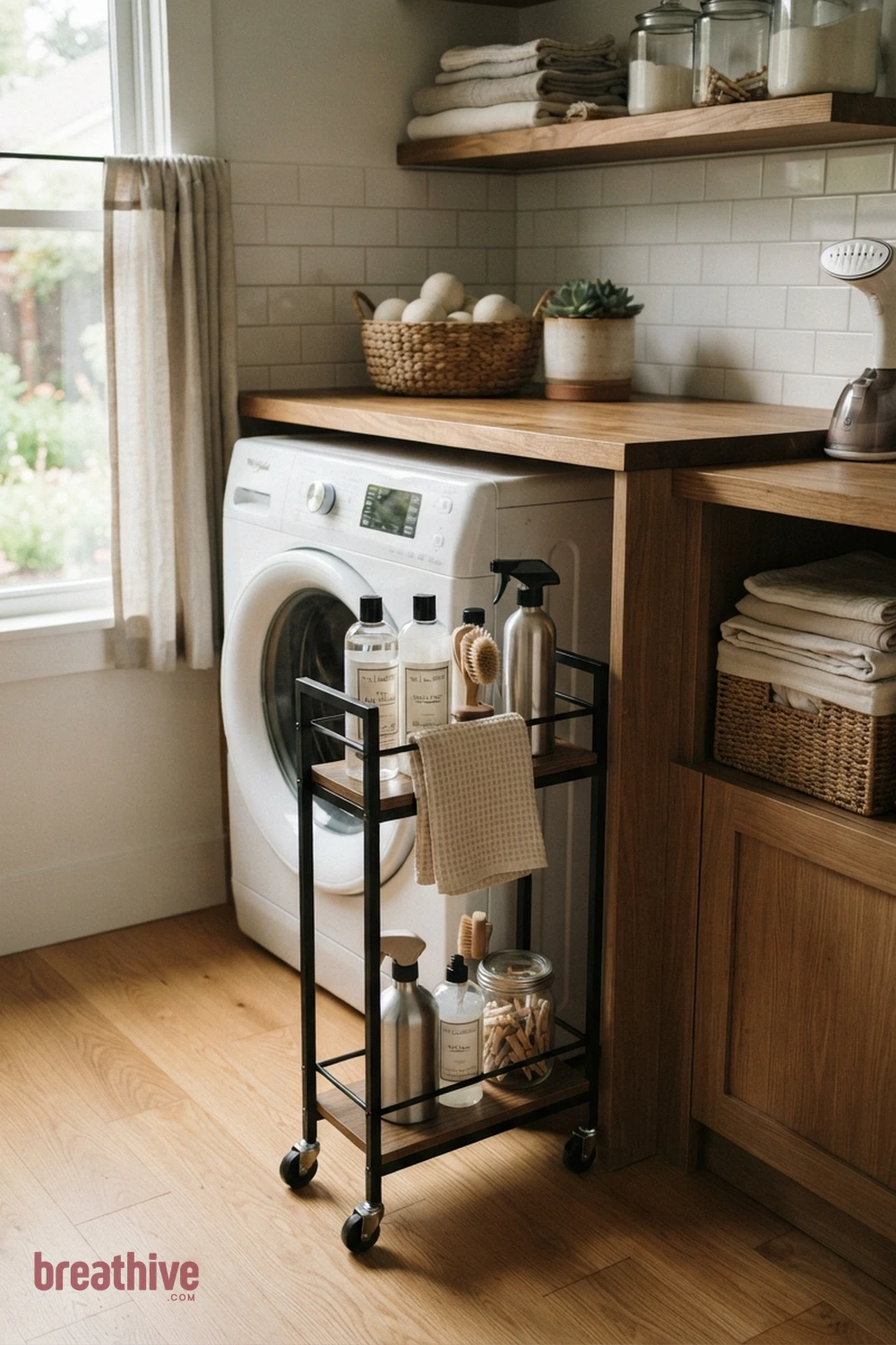 Add a Narrow Rolling Cart Beside the Washer in a thoughtful laundry room