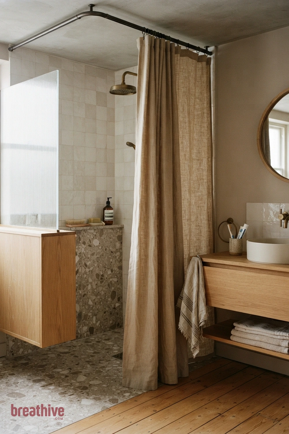 Use a Shower Curtain Track at Ceiling Height in a thoughtful bathroom