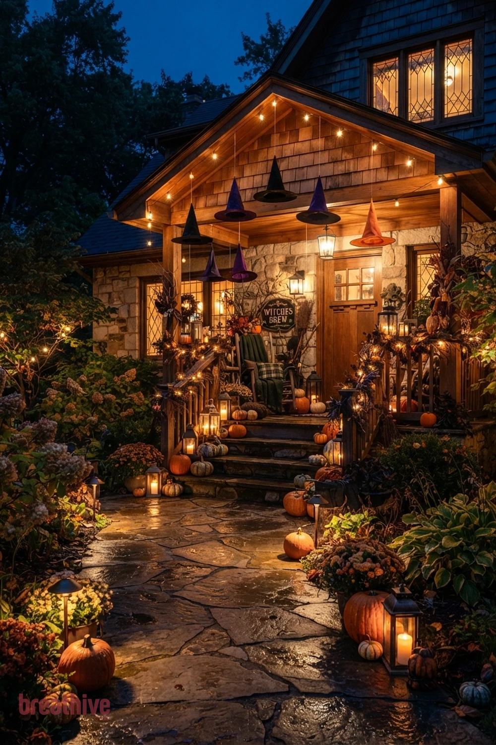 whimsical witch Halloween porch and walkway idea with outdoor setup after dusk using practical, path-safe lighting and visible depth