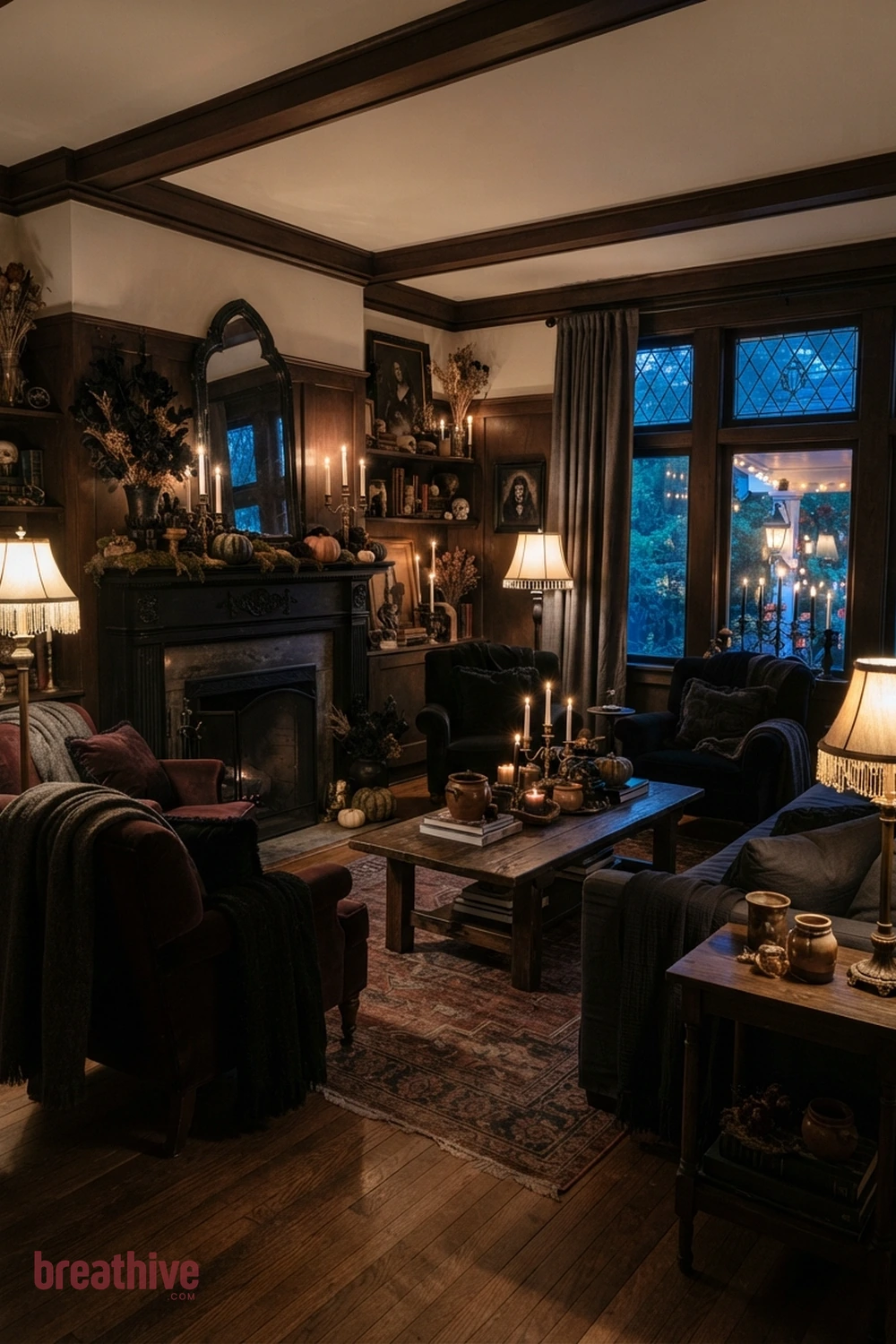 gothic Halloween living room idea with living room after dusk with practical lamps and safe candle-style lighting