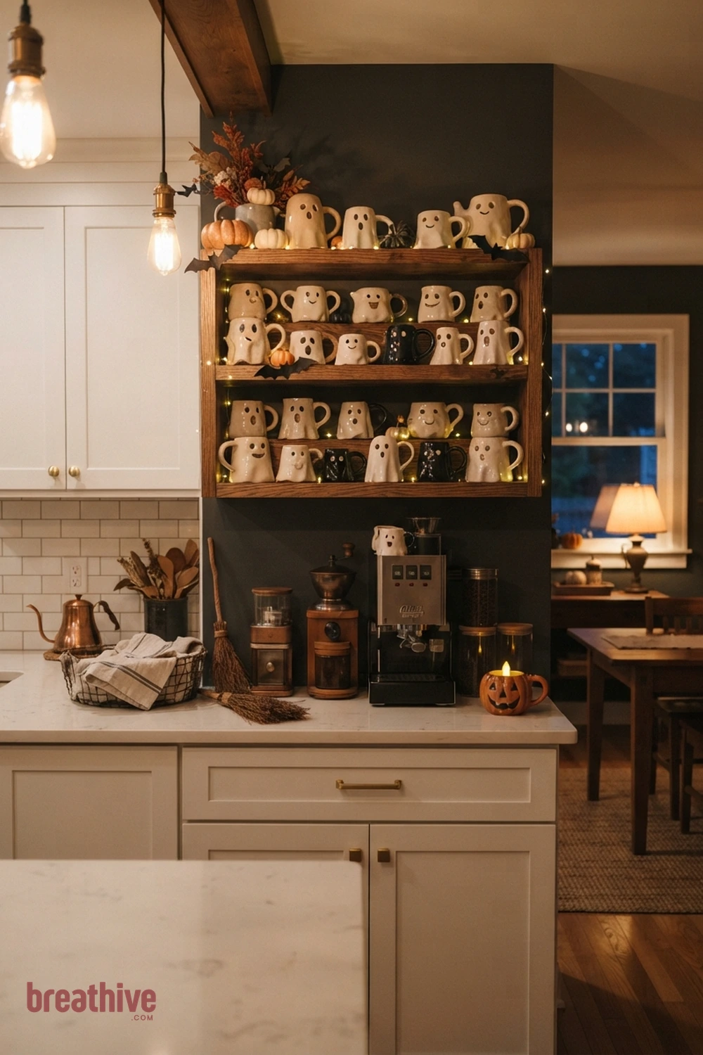 ghost mug collection Halloween kitchen coffee station idea with kitchen or dining setup after dusk using pendants, lamps, and safe candle-style glow