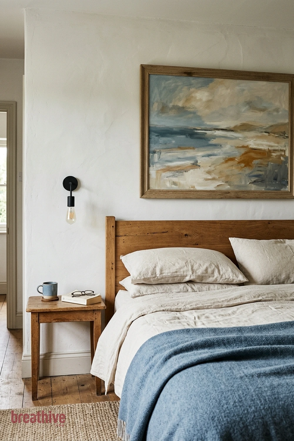 Use One Oversized Artwork Instead of Many Small Pieces in a cottage bedroom