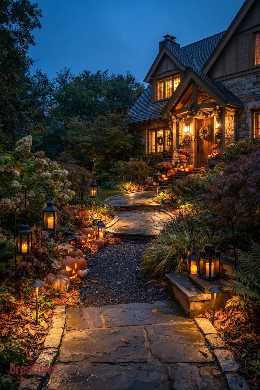path lighting Halloween garden pathway idea with outdoor setup after dusk using practical, path-safe lighting and visible depth