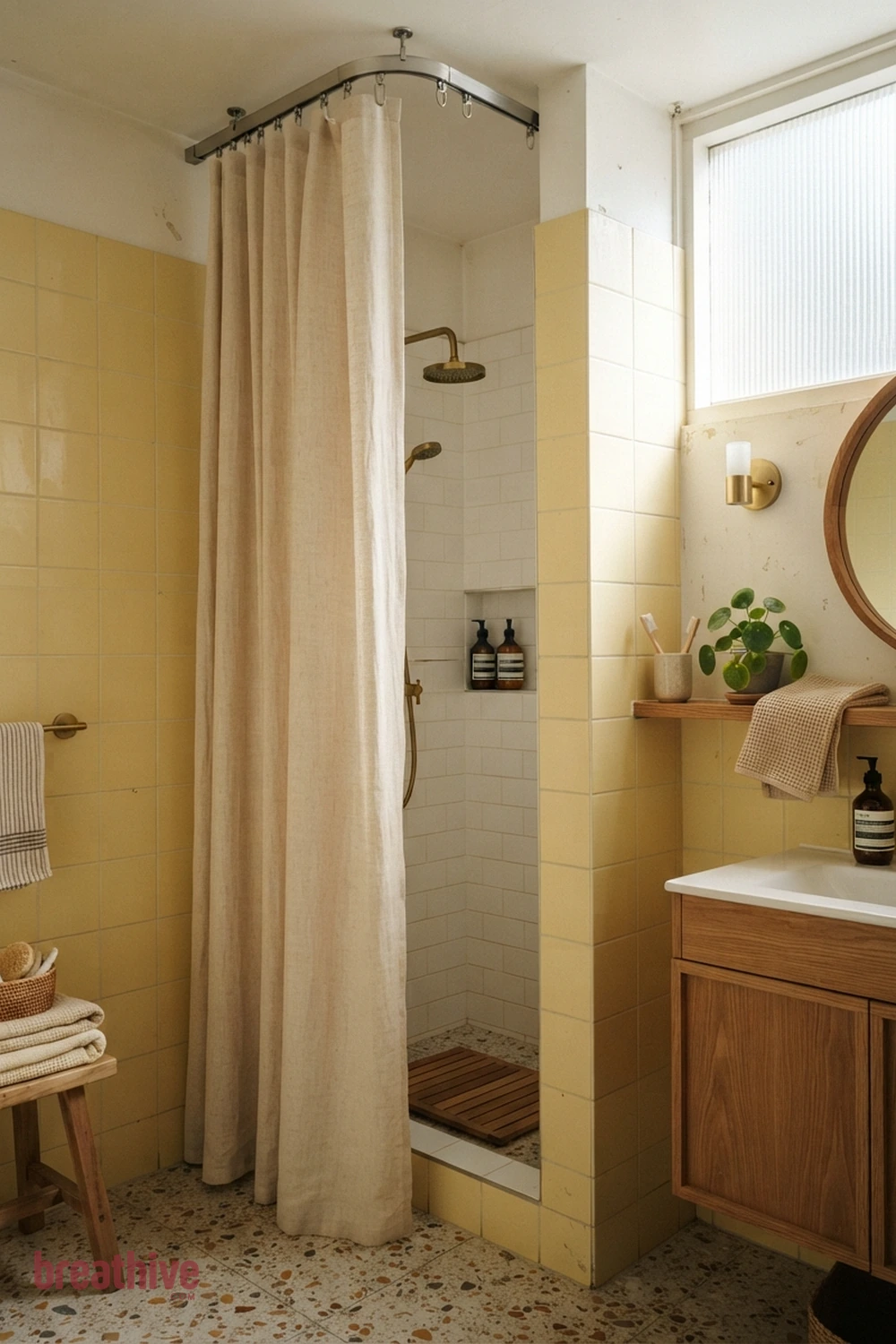 Use a Shower Curtain Track at Ceiling Height in a yellow bathroom