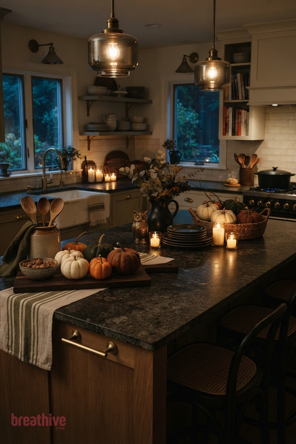 counter styling Halloween kitchen counter idea with kitchen or dining setup after dusk using pendants, lamps, and safe candle-style glow