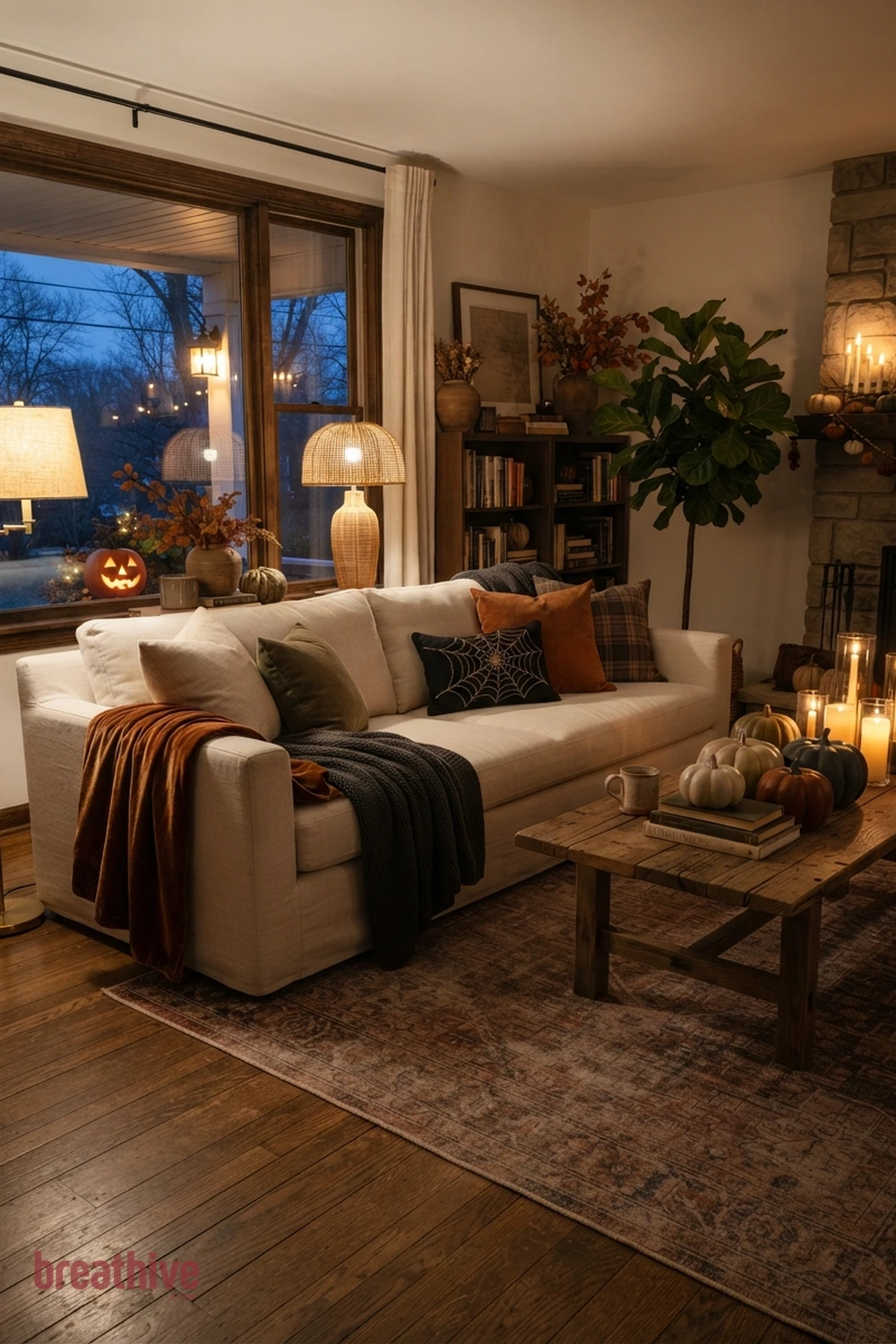 sofa-focused Halloween living room idea with living room after dusk with practical lamps and safe candle-style lighting