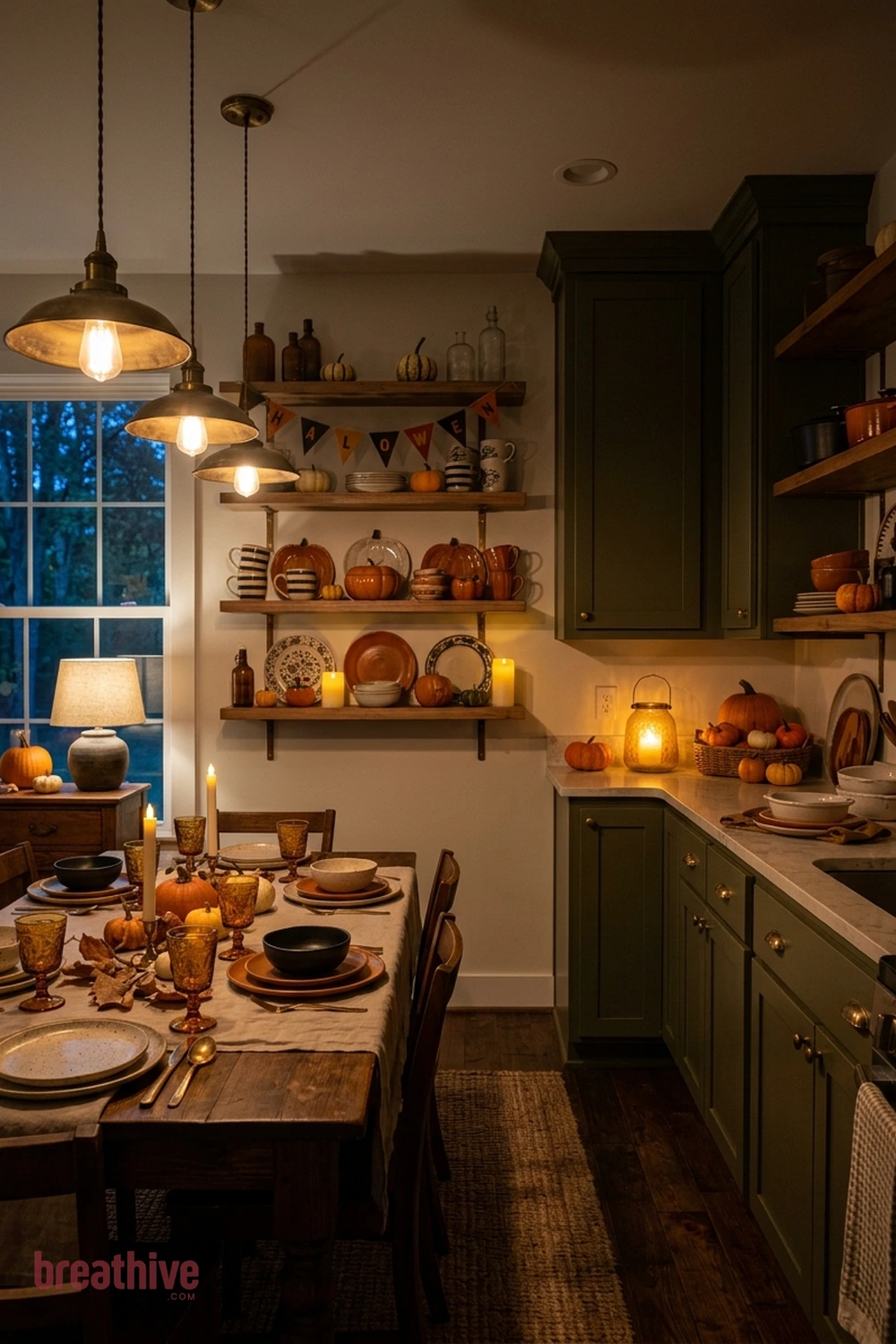 dishware display Halloween kitchen and dining room idea with kitchen or dining setup after dusk using pendants, lamps, and safe candle-style glow