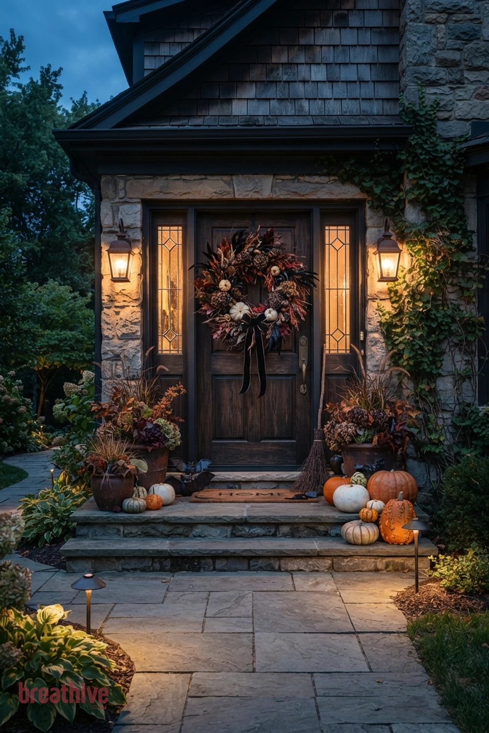 wreath-focused Halloween front door exterior idea with outdoor setup after dusk using practical, path-safe lighting and visible depth