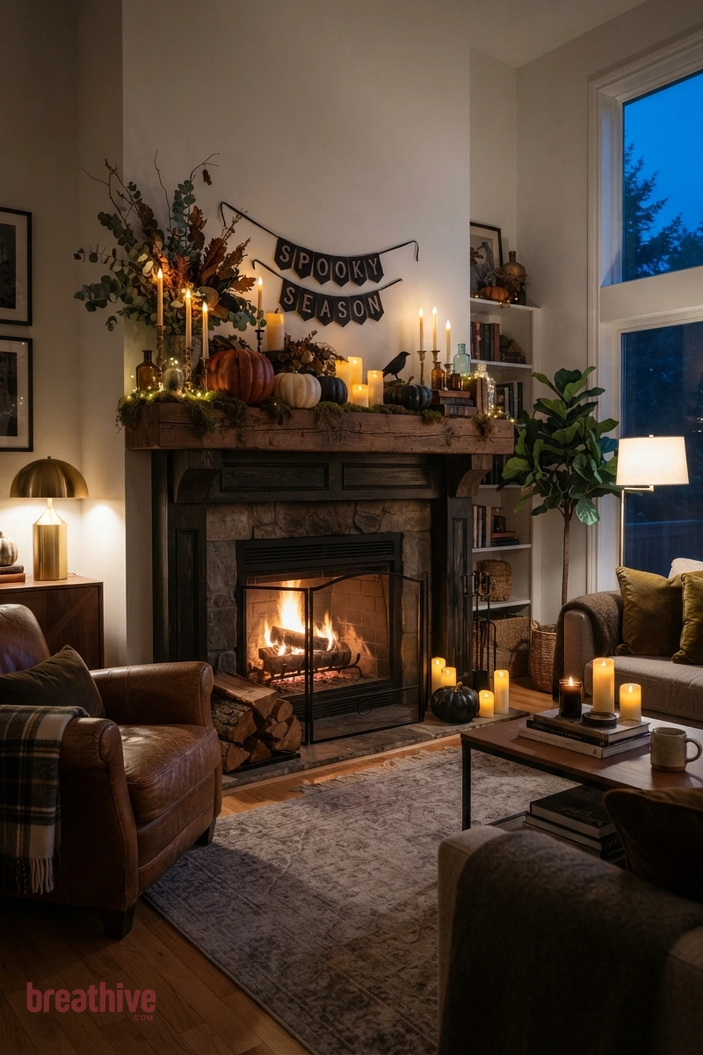 mantel-focused Halloween living room fireplace idea with living room after dusk with practical lamps and safe candle-style lighting