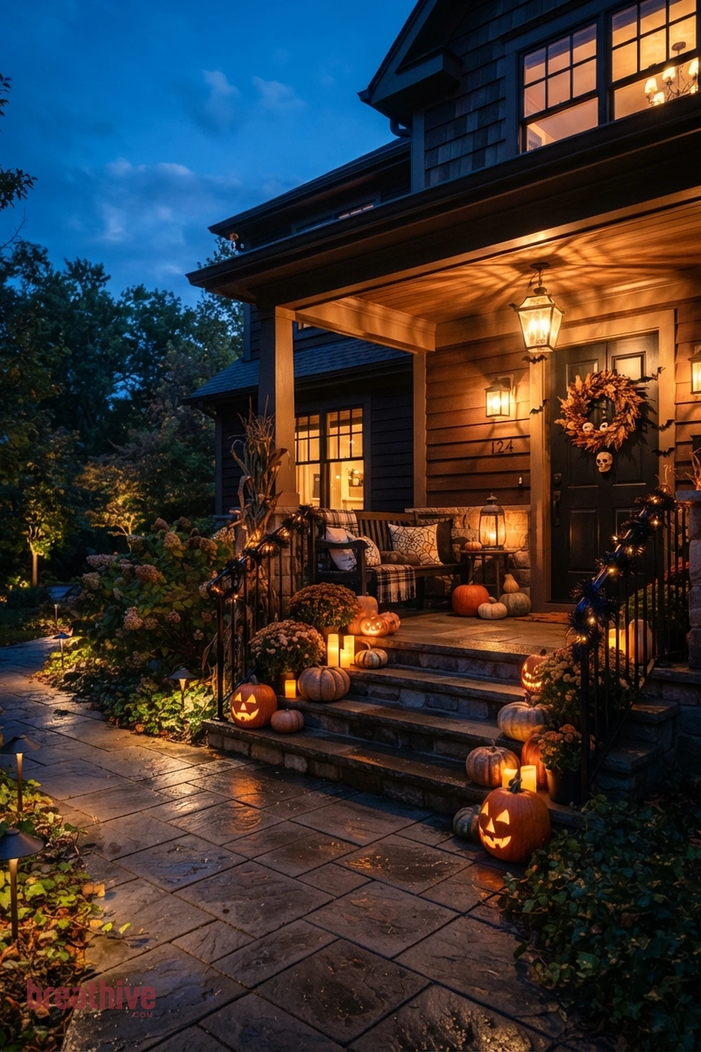lighting-focused Halloween front porch idea with same entry transformed after dusk through layered practical lighting