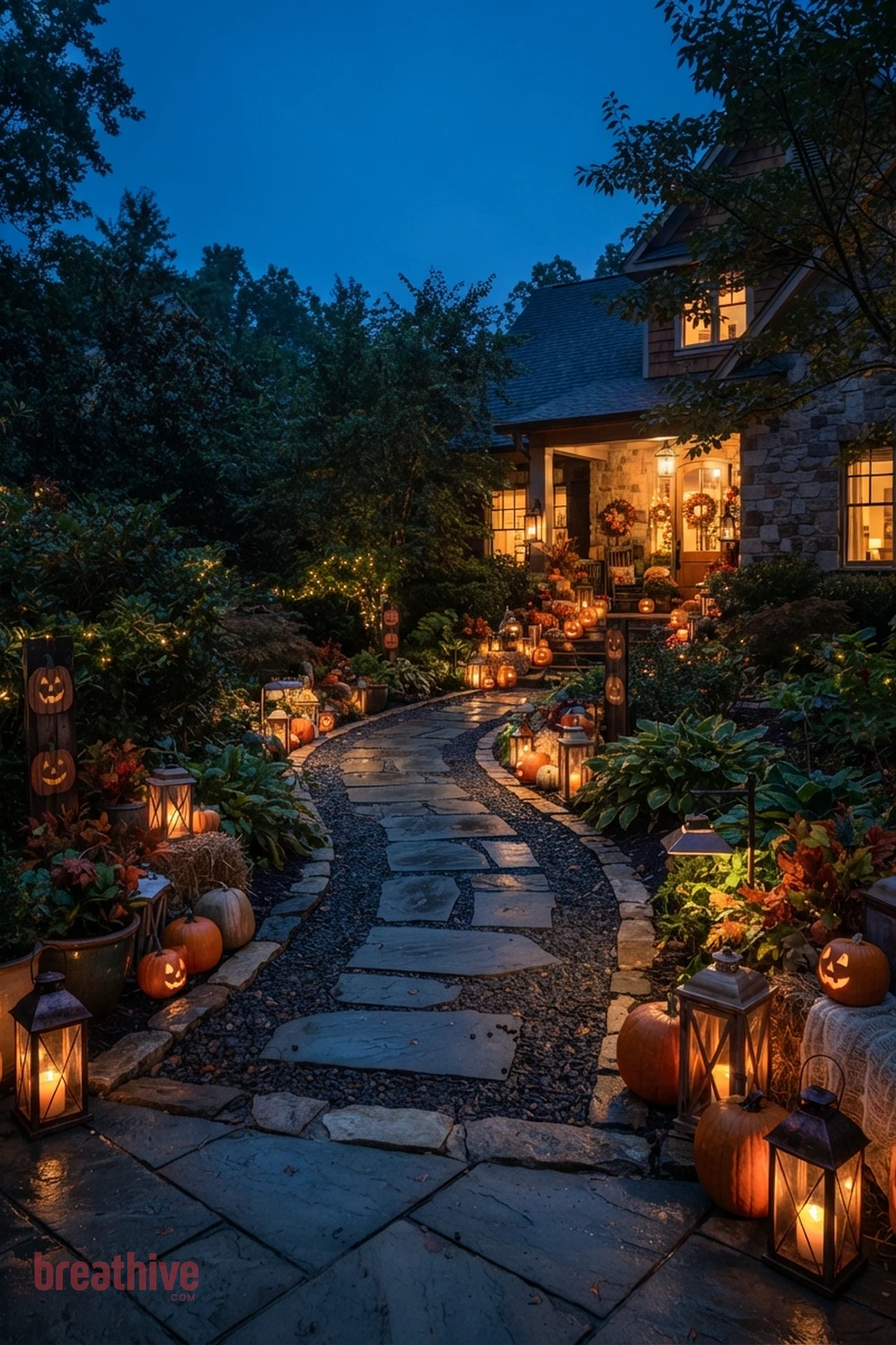 wayfinding Halloween garden pathway idea with outdoor setup after dusk using practical, path-safe lighting and visible depth