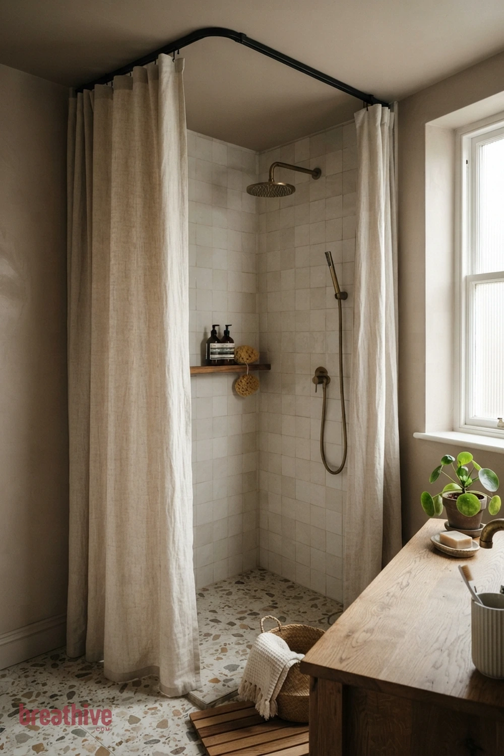 Use a Shower Curtain Track at Ceiling Height in a thoughtful bathroom